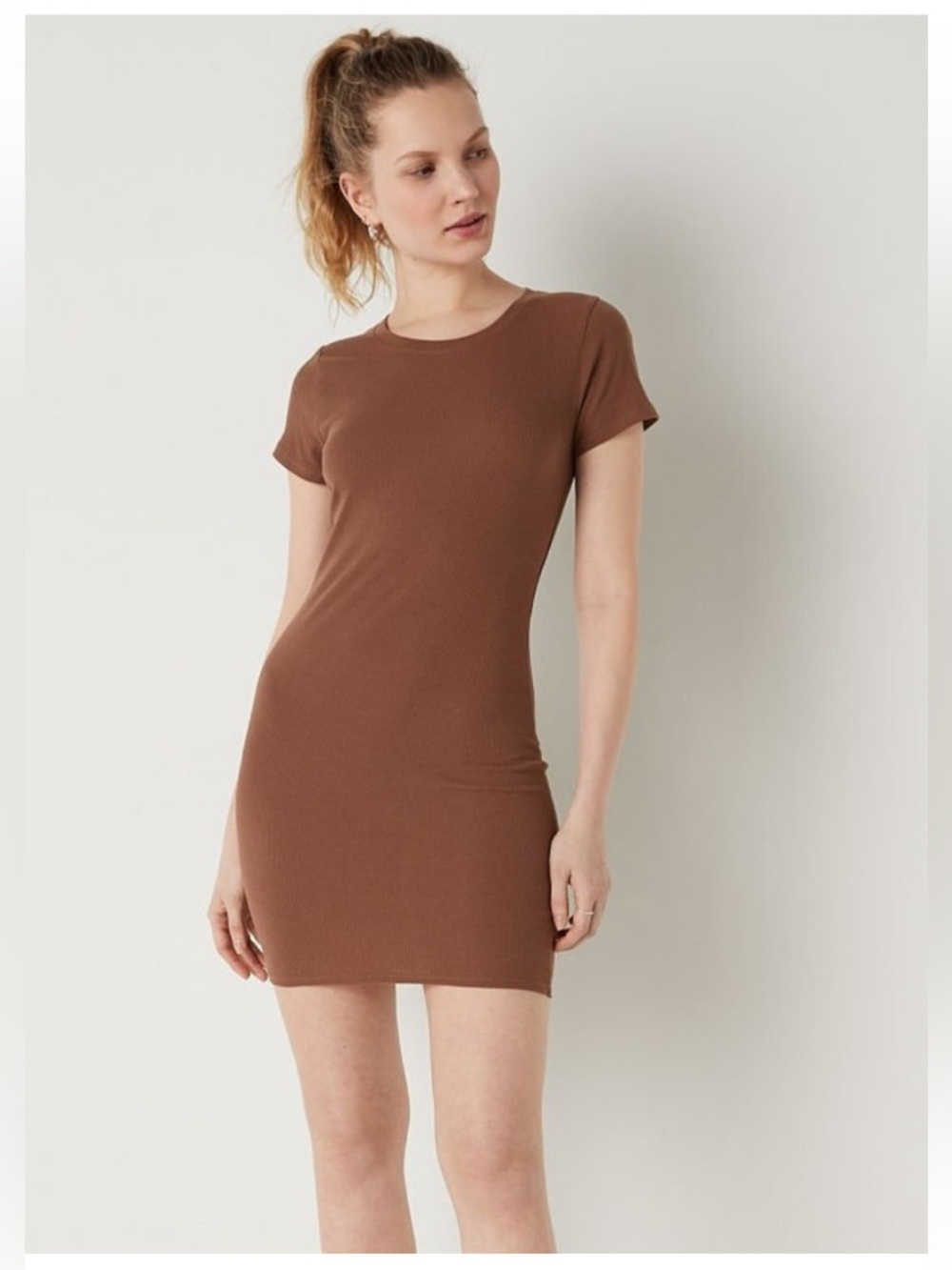 🤎🩷 VS PINK RIBBED SUMMER DRESS T-SHIRT DRESS BROWN STRETCHY SIZE SMALL - Picture 7 of 9